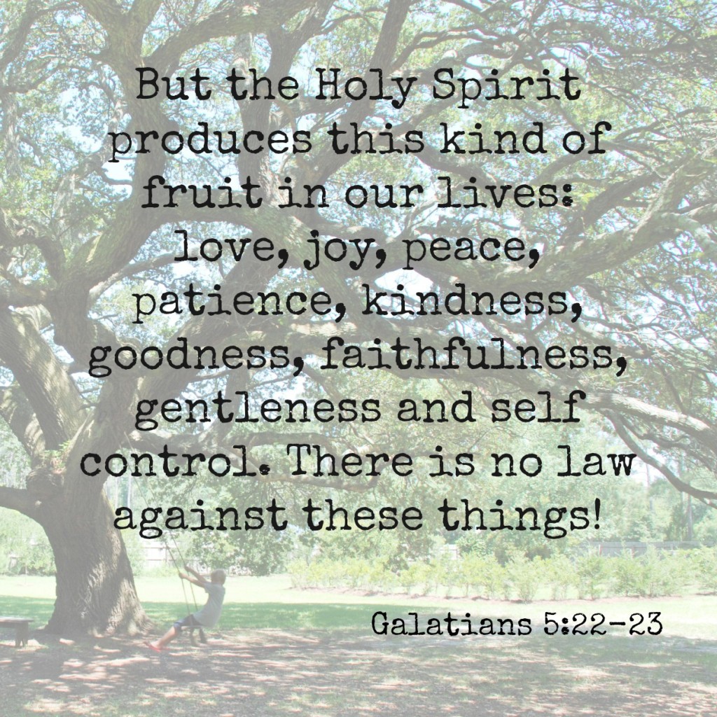 But the Holy Spirit produces this kind of fruit in our lives: love, joy, peace, patience, kindness, goodness, faithfulness, gentleness, and self-control. There is no law against these things! Galatians 5:22-23 Memory verse challenge www.huntandhost.net