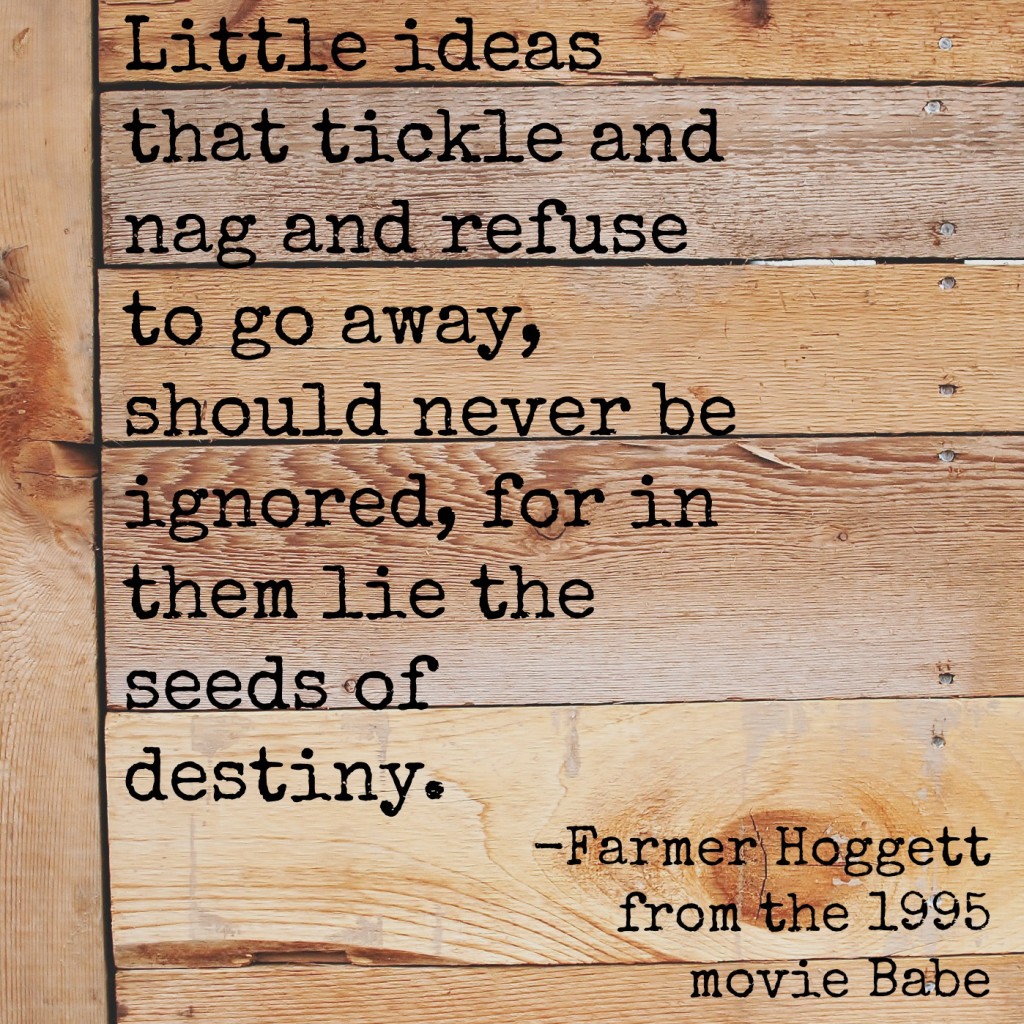 Little ideas that tickle and nag and refuse to go away, should never be ignored, for in them lie the seeds of destiny. Farmer Hoggett from the movie Babe.