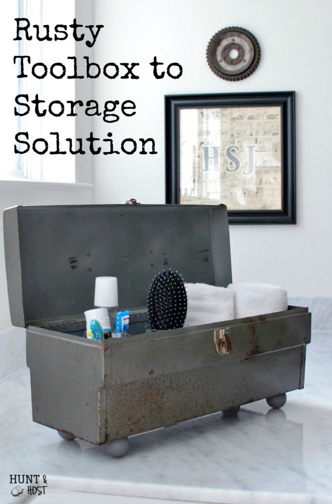 This rusty old toolbox gets a makeover into a boy's bathroom storage solution. www.huntandhost.net