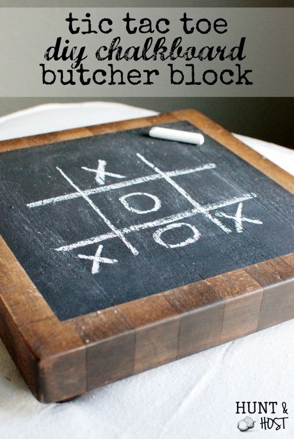 This thrifted old butcher block gets a chalkboard makeover to display a fun game of tic tac toe for the family! www.huntandhost.net
