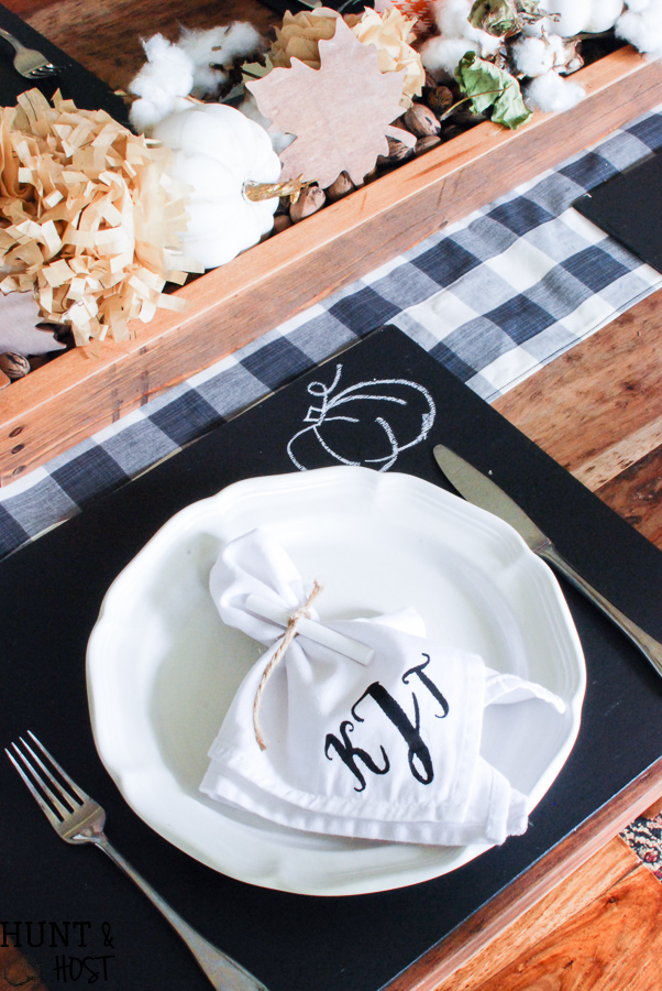 Fall Ideas Tour: Mantels, Tablescapes, Wreaths, Printables and Porches. Hunt & Host's DIY chalkboard placemat is a fun project for any time of the year! 
