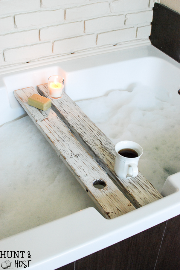 DIY tutorial for a bath tray with a book rest! This bath caddy will make your relaxing hot tub time even more luxurious!