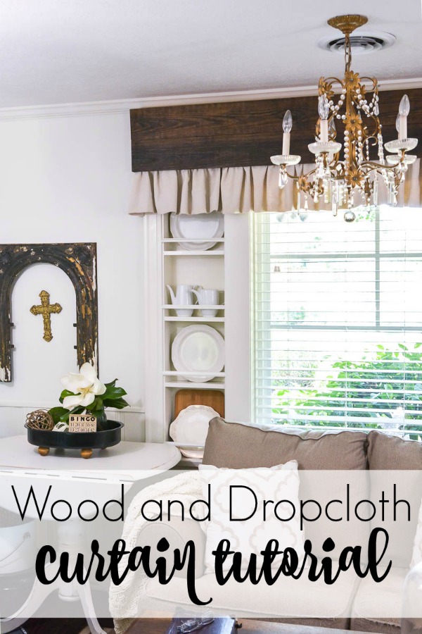 Make inexpensive custom curtains from old wood and dropcloth. Dropcloth curtains are soft and casual, a rich reclaimed wood valance is the finishing touch. Easy DIY curtain tutorial. 