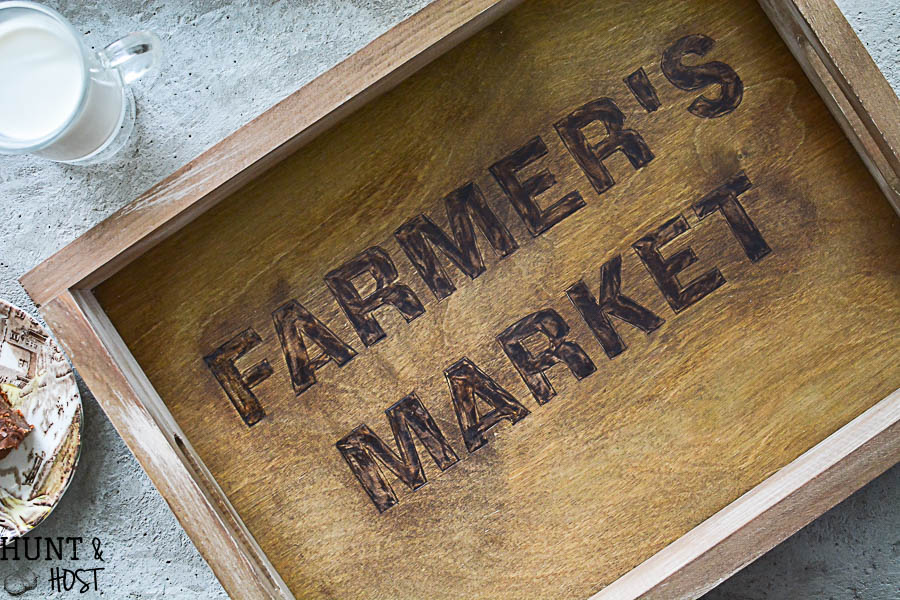 This is not your average stencil project! Try something besides paint! This branded stencil looks like an old time brand. DIY branded farmhousetray.