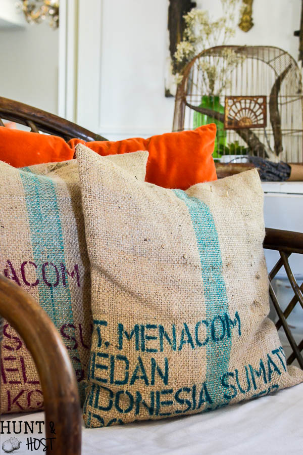 Coffee bean sack pillow covers, an easy and quick DIY tutorial for coffee sack pillows!