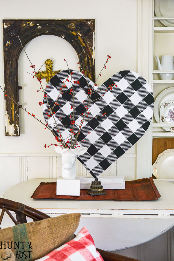 This giant DIY for Valentine's Day can be made in any size and would be great for other holidays! DIY Valentine's Day decor hearts are easy to style to your decor, black and white buffalo check and plaid shirt patterns add a fun touch instead of traditional Valentine pink! 