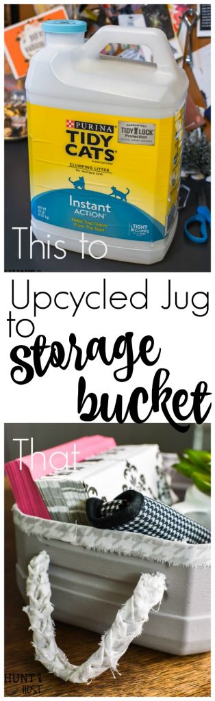 Turn your empty kitty litter jugs into cute storage buckets. Upcycling empty containers for inexpensive DIY organizing is quick and easy! 
