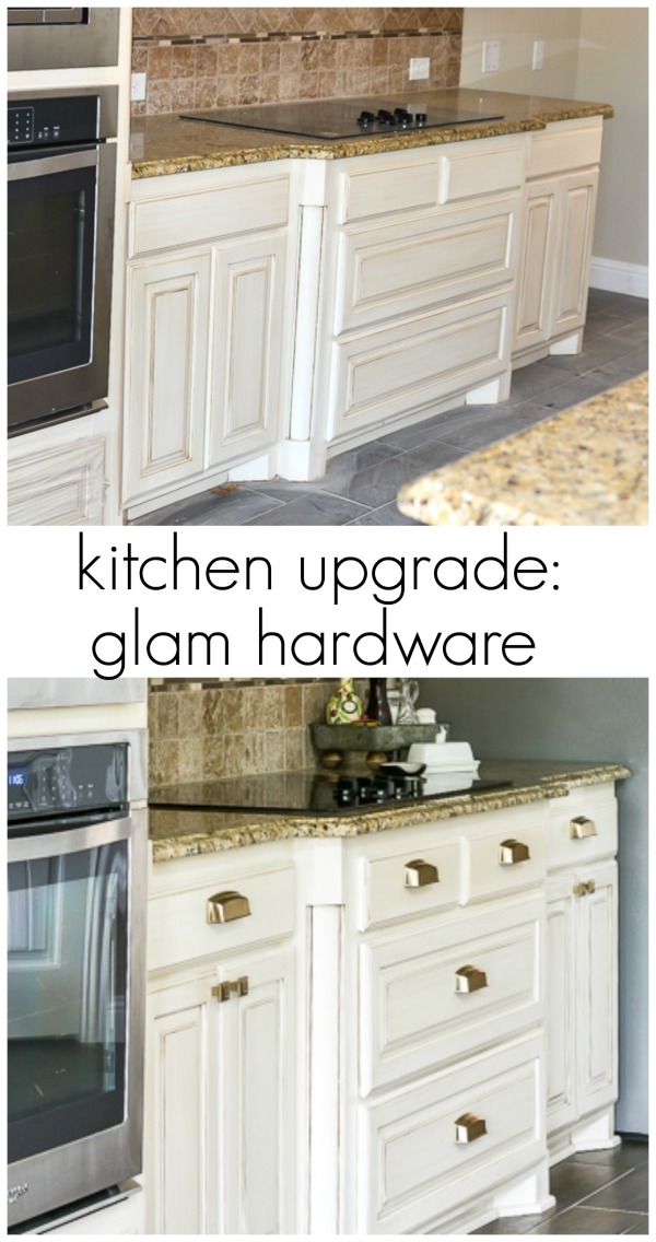 An easy kitchen upgrade, add glam hardware to knock out your kitchen goals on a budget. #kitchengoals #dreamkitchen #kitchenfixtures