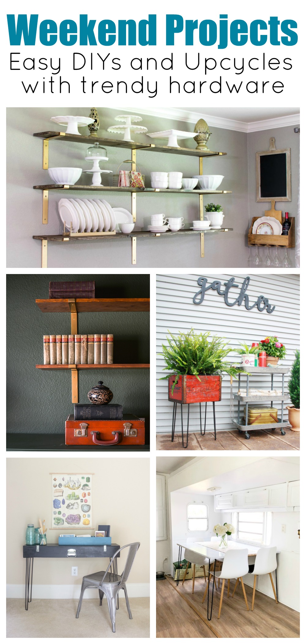 Easy weekend projects from Crates & Pallet. Try your hand add adding open shelves for gorgeous storage or make a one of a kind table with hairpin legs. Here are five ideas to get you started. #hairpinlegs #openshelving #goldshelfbrackets #weekendwrrior #weekendproject #bohochic#moodydecor