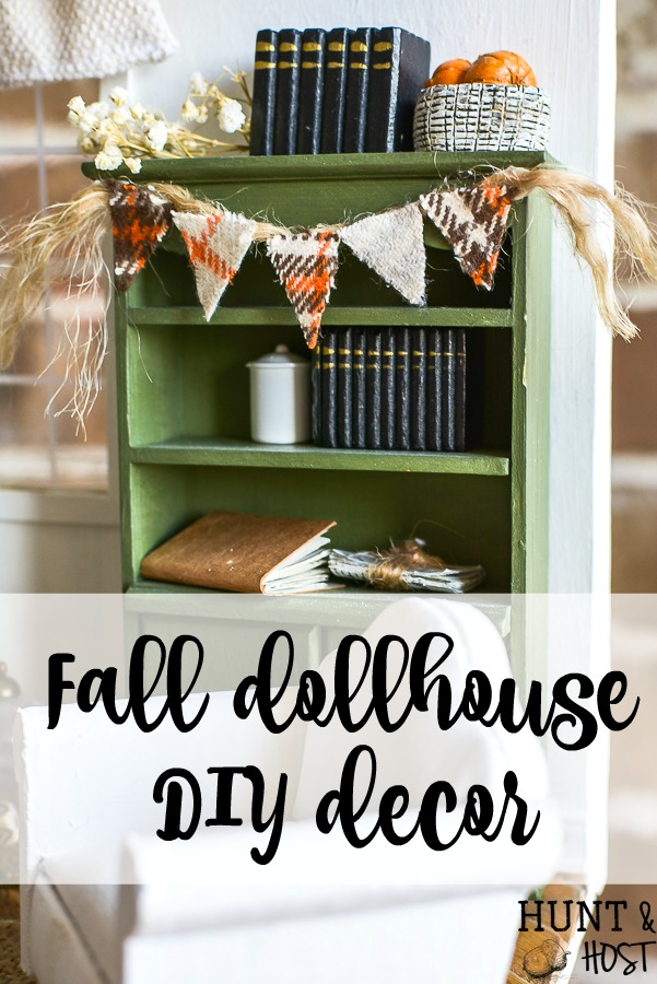 Dress your dollhouse for fall with this cute fall dollhouse decorations and DIY ideas. Halloween in the dollhouse is so easy and fun to create! #dollhouse #miniatures #falldecor #bunting #dollhouseDIY #minitureDIY