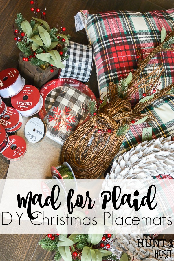 This Christmas go mad for plaid with these precious DIY Christmas placemats, use buffalo check and fabulous Christmas ribbon to decorate your Christmas table in style with this easy DIY. #ad #handmadewithjoann @JOANN #buffalocheck #plaidholiday #Christmastable #DIYChristmasdecor #easyChristmascraft #christmasribbon